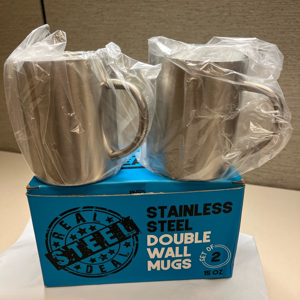 Real Deal Steel Double Wall Mugs Set Of 2 15 Oz - In Original Box Never Used